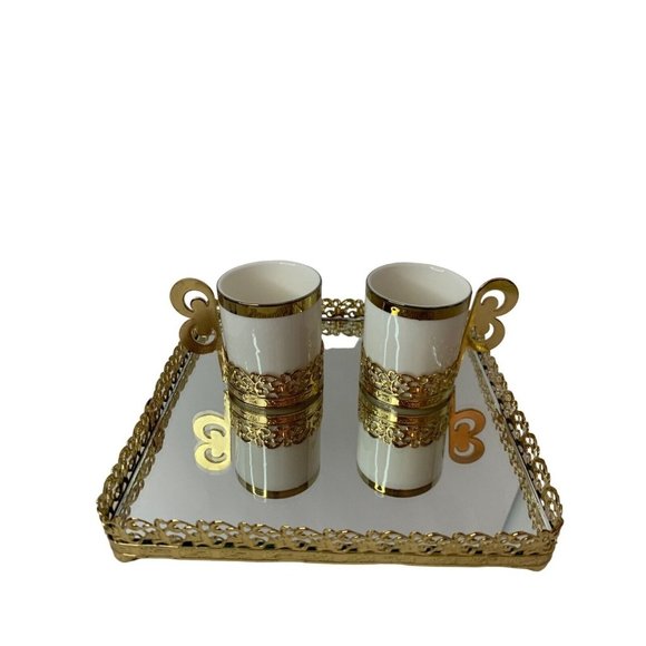 Turkish Gold Mirrored Tray Espresso Cups & Shot Glasses Ottoman Style Set For 2 - Picture 10 of 12